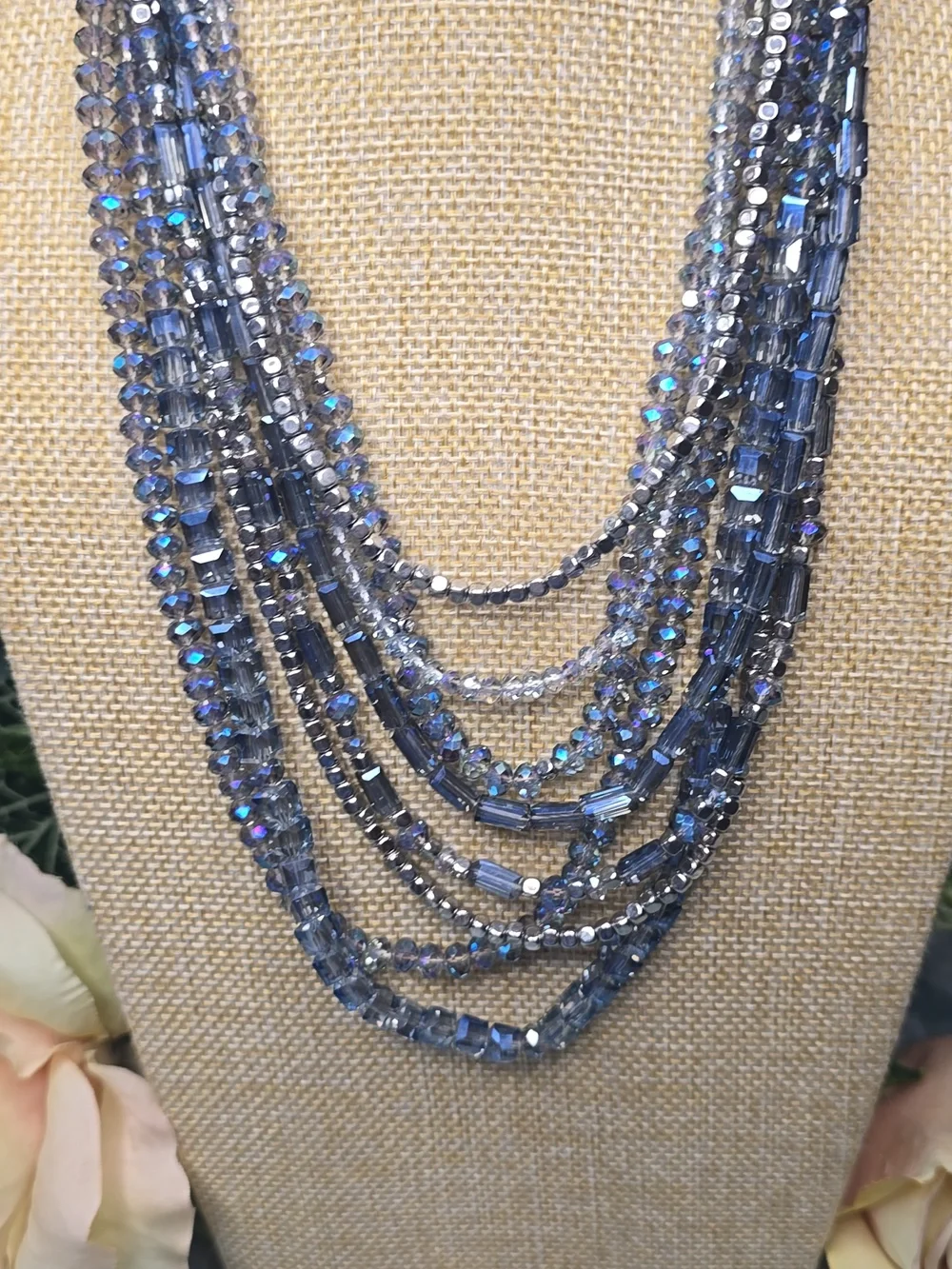 Blue AB Crystals & Silver Tone  Beaded 8 Strand Layered Necklace